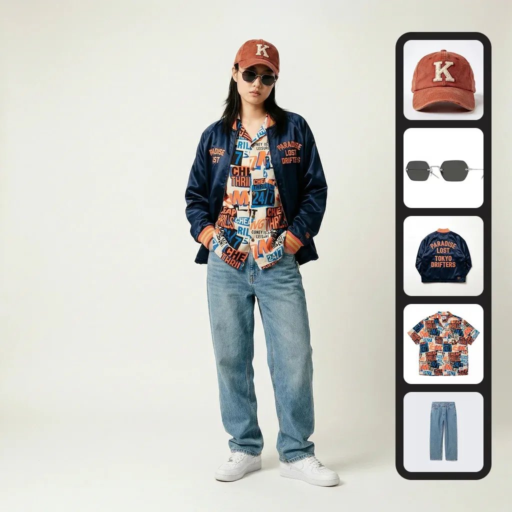 Streetwear fashion lookbook with product breakdown